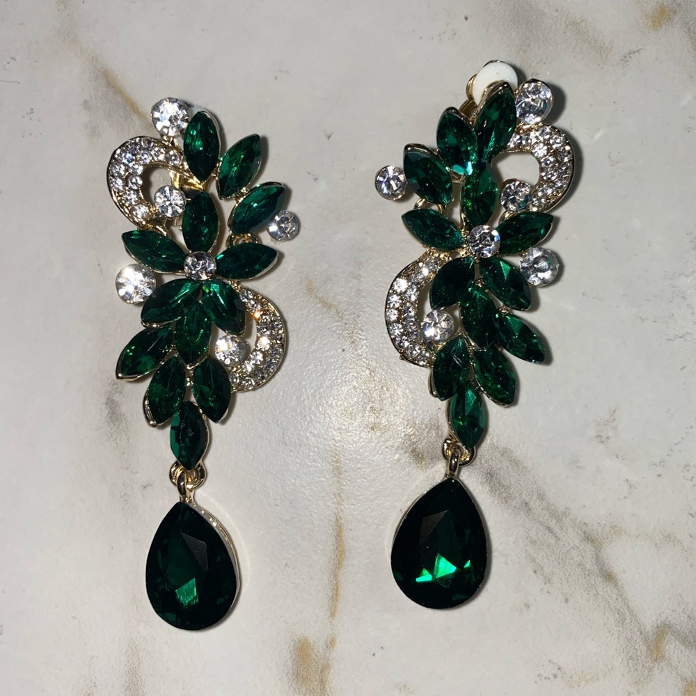 Emerald green and clear rhinestone dangle earrings